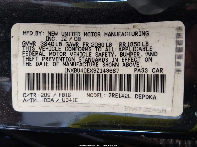 Продаж на аукціоні авто 2009 Toyota Corolla Le, vin: 1NXBU40EX9Z143667, номер лоту: 44857158