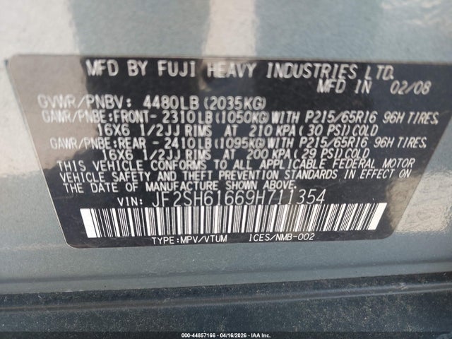 Продажа на аукционе авто 2009 Subaru Forester 2.5x, vin: JF2SH61669H711354, номер лота: 44857166