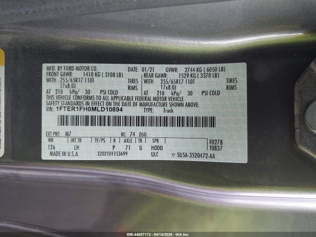 Продажа на аукционе авто 2021 Ford Ranger Xlt, vin: 1FTER1FH0MLD10894, номер лота: 44857173