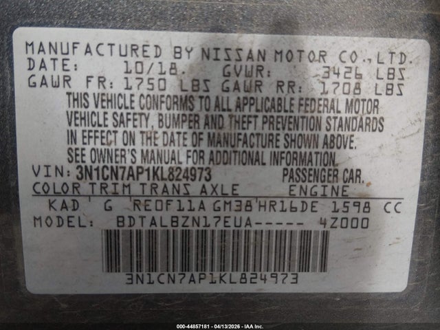 3N1CN7AP1KL824973 Nissan Versa 1.6 Sv