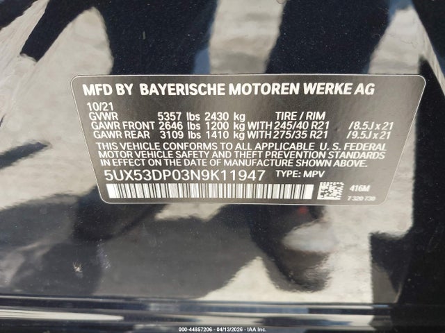 BMW X3 Xdrive30i 2022 5UX53DP03N9K11947 Image 9