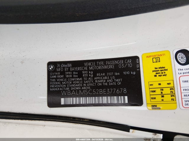 44857209 :رقم المزاد ، WBALM5C52BE377678 vin ، 2011 Bmw Z4 Sdrive30i مزاد بيع