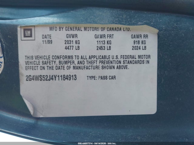Aukcja sprzedaży 2000 Buick Century Custom, vin: 2G4WS52J4Y1184913, numer aukcji: 44857214