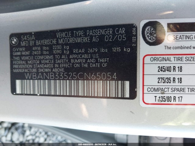 Продаж на аукціоні авто 2005 Bmw 545i, vin: WBANB33525CN65054, номер лоту: 44857233