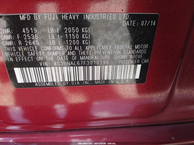 Продажа на аукционе авто 2015 Subaru Legacy 2.5i Limited, vin: 4S3BNAL67F3010399, номер лота: 44857241