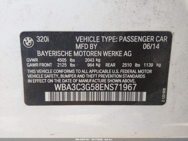 Aukcja sprzedaży 2014 Bmw 320i Xdrive, vin: WBA3C3G58ENS71967, numer aukcji: 44857261