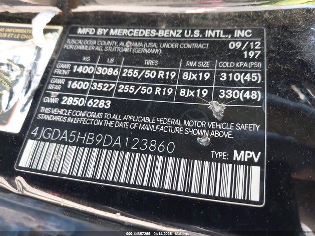 Aukcja sprzedaży 2013 Mercedes-benz Ml 350 4matic, vin: 4JGDA5HB9DA123860, numer aukcji: 44857265