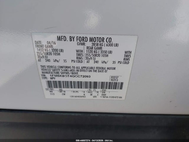 1FM5K8GT4GGC72093 Ford EXPLORER SPORT