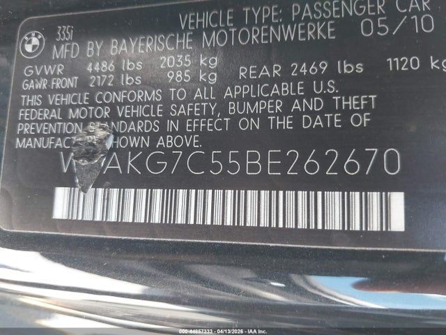 Продаж на аукціоні авто 2011 Bmw 335i, vin: WBAKG7C55BE262670, номер лоту: 44857333