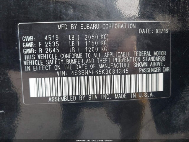 Продажа на аукционе авто 2019 Subaru Legacy 2.5i Premium, vin: 4S3BNAF65K3031385, номер лота: 44857340