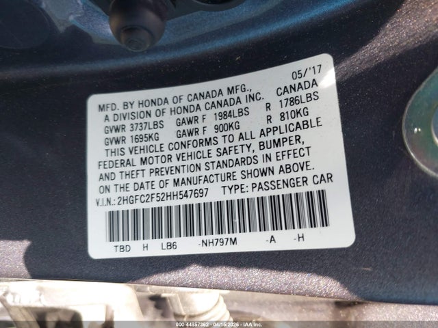 Honda Civic Lx 2017 2HGFC2F52HH547697 Image 9