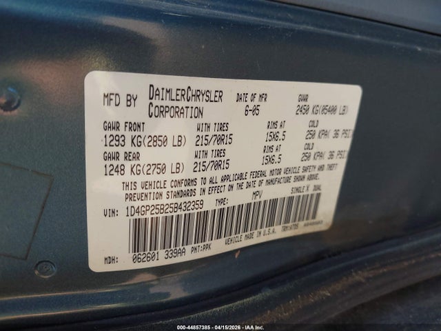 Продажа на аукционе авто 2005 Dodge Caravan Se, vin: 1D4GP25B25B432359, номер лота: 44857385