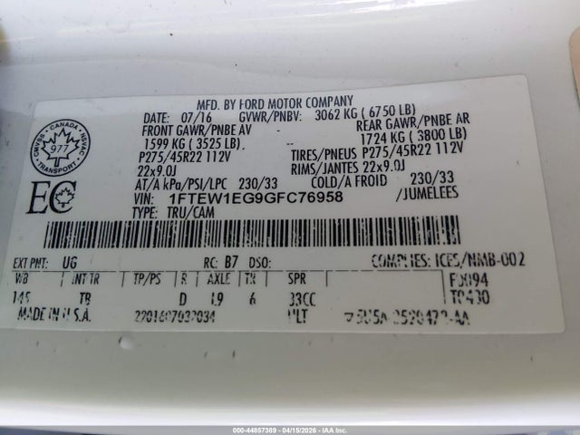 44857389 :رقم المزاد ، 1FTEW1EG9GFC76958 vin ، 2016 Ford F-150 Limited مزاد بيع
