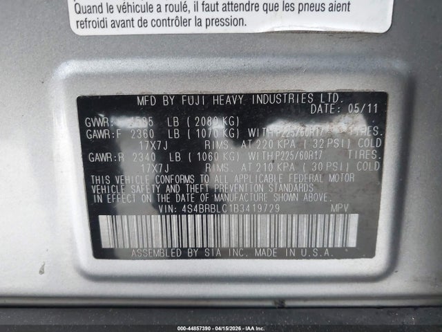 Aukcja sprzedaży 2011 Subaru Outback 2.5i Limited, vin: 4S4BRBLC1B3419729, numer aukcji: 44857390