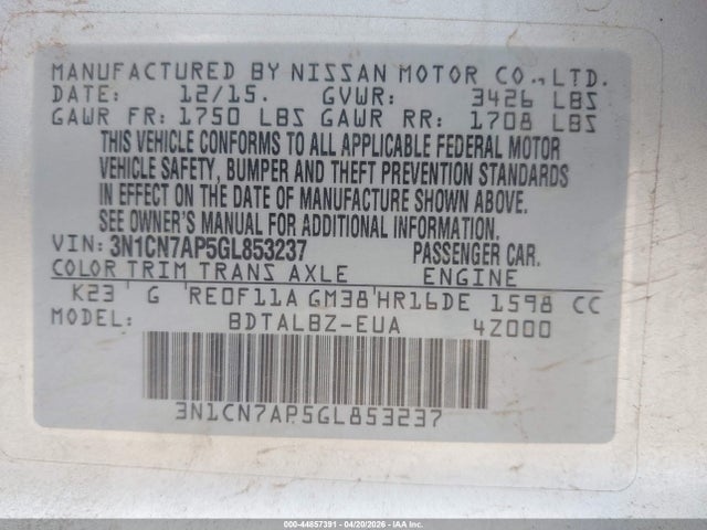 3N1CN7AP5GL853237 Nissan Versa 1.6 S/1.6 S+/1.6 Sl/1.6 Sv