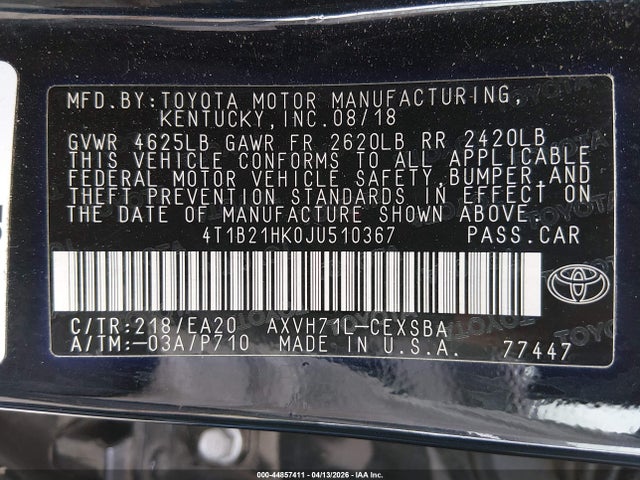 Aukcja sprzedaży 2018 Toyota Camry Hybrid Se, vin: 4T1B21HK0JU510367, numer aukcji: 44857411