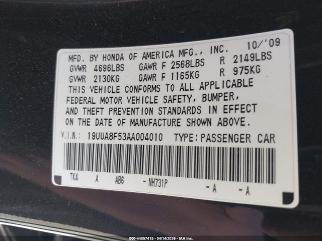 Aukcja sprzedaży 2010 Acura Tl 3.5, vin: 19UUA8F53AA004010, numer aukcji: 44857415
