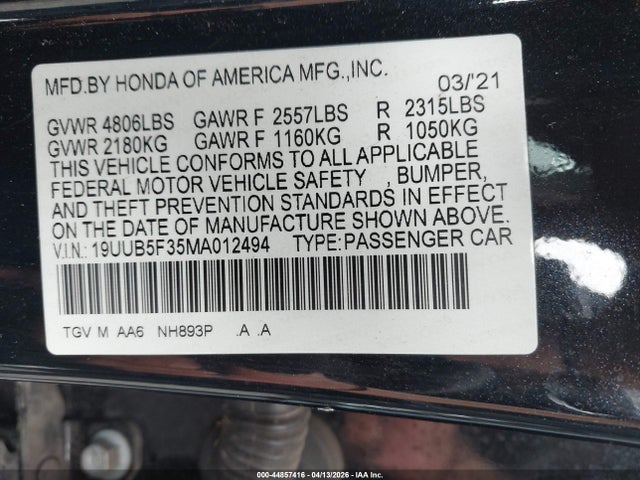 2021 Acura Tlx Standard მანქანა იყიდება აუქციონზე, vin: 19UUB5F35MA012494, აუქციონის ნომერი: 44857416