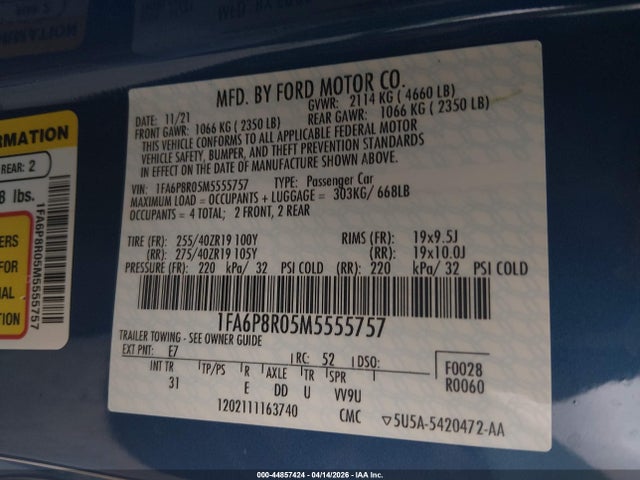 Продажа на аукционе авто 2021 Ford Mustang Mach 1 Fastback, vin: 1FA6P8R05M5555757, номер лота: 44857424