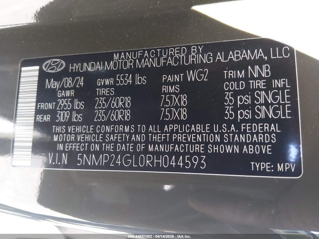 Продаж на аукціоні авто 2024 Hyundai Santa Fe Sel, vin: 5NMP24GL0RH044593, номер лоту: 44857452