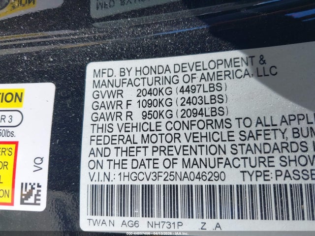 1HGCV3F25NA046290 Honda Accord Hybrid Sport