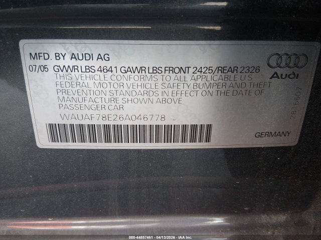 Aukcja sprzedaży 2006 Audi A4 2.0t, vin: WAUAF78E26A046778, numer aukcji: 44857461