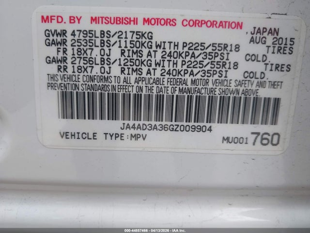 Продаж на аукціоні авто 2016 Mitsubishi Outlander Se, vin: JA4AD3A36GZ009904, номер лоту: 44857466