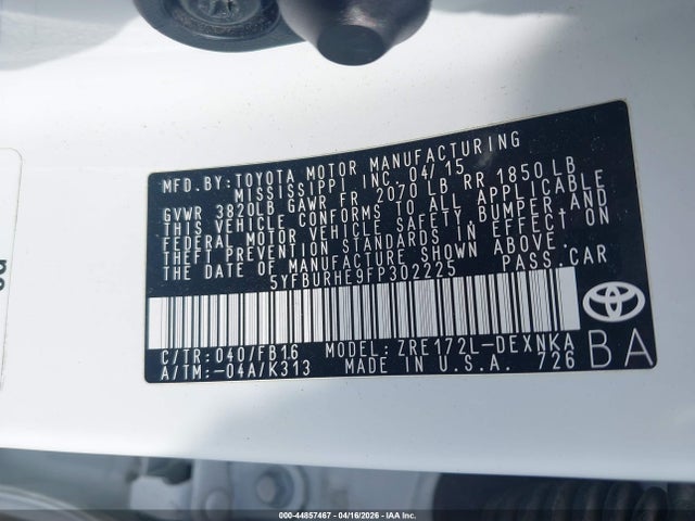 Aukcja sprzedaży 2015 Toyota Corolla Le Plus, vin: 5YFBURHE9FP302225, numer aukcji: 44857467