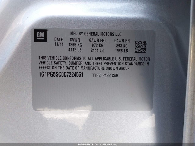 44857474 :رقم المزاد ، 1G1PG5SC0C7224551 vin ، 2012 Chevrolet Cruze 2lt مزاد بيع