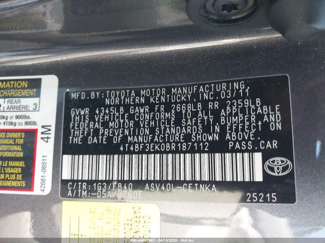 Aukcja sprzedaży 2011 Toyota Camry Le, vin: 4T4BF3EK0BR187112, numer aukcji: 44857482