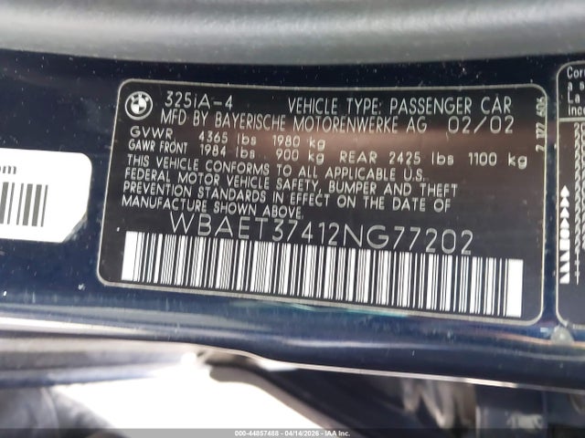 Продаж на аукціоні авто 2002 Bmw 325i, vin: WBAET37412NG77202, номер лоту: 44857488