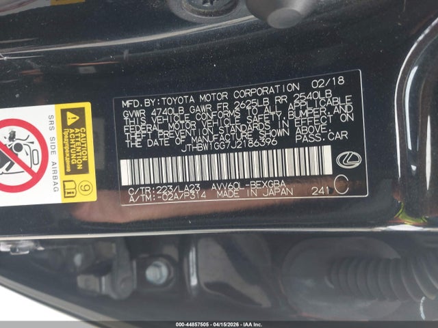 Aukcja sprzedaży 2018 Lexus Es 300h, vin: JTHBW1GG7J2186396, numer aukcji: 44857505