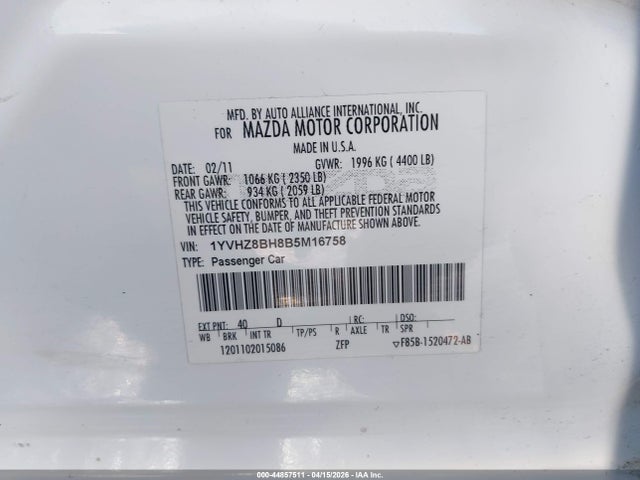 Продаж на аукціоні авто 2011 Mazda Mazda6 I Sport, vin: 1YVHZ8BH8B5M16758, номер лоту: 44857511