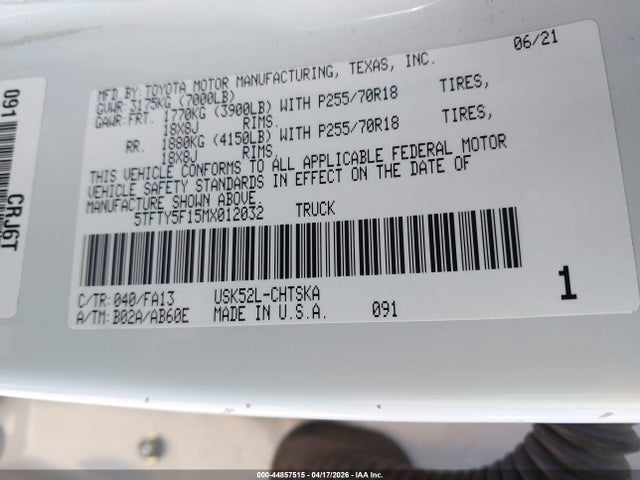 Aukcja sprzedaży 2021 Toyota Tundra Sr, vin: 5TFTY5F15MX012032, numer aukcji: 44857515