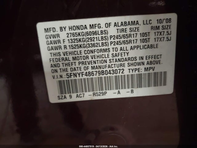 2009 Honda Pilot Ex-l მანქანა იყიდება აუქციონზე, vin: 5FNYF48679B043072, აუქციონის ნომერი: 44857519