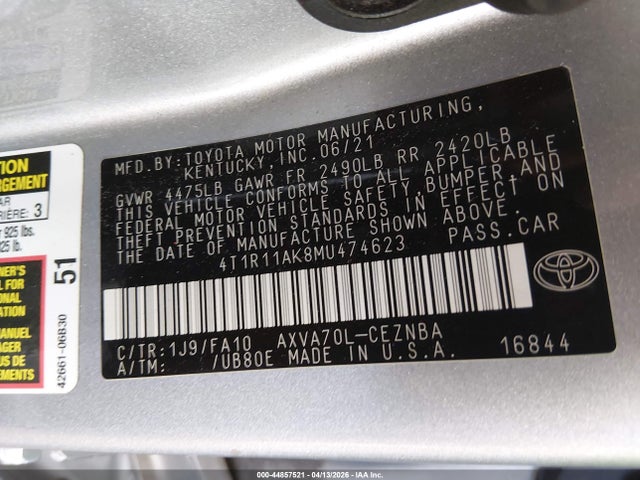4T1R11AK8MU474623 Toyota CAMRY LE