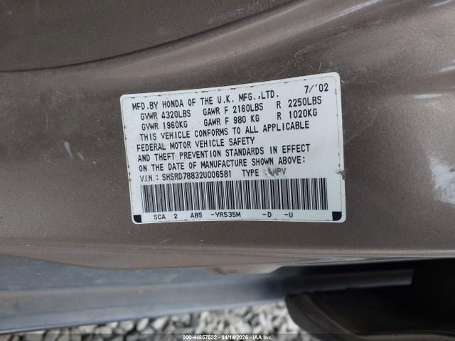 2002 Honda Cr-v Ex მანქანა იყიდება აუქციონზე, vin: SHSRD78832U006581, აუქციონის ნომერი: 44857532
