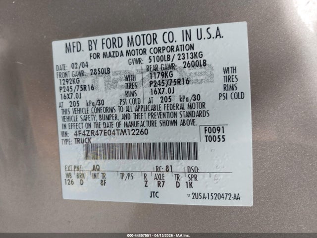 Aukcja sprzedaży 2004 Mazda B4000 Se, vin: 4F4ZR47E04TM12260, numer aukcji: 44857551