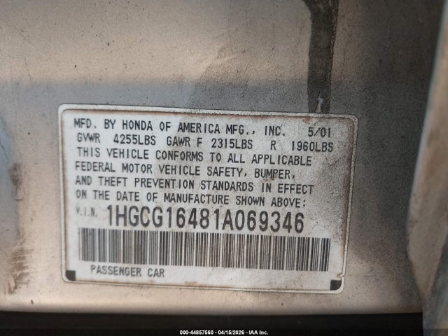 Продаж на аукціоні авто 2001 Honda Accord 3.0 Lx, vin: 1HGCG16481A069346, номер лоту: 44857560