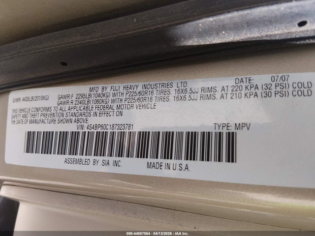 2008 Subaru Outback მანქანა იყიდება აუქციონზე, vin: 4S4BP60C187323781, აუქციონის ნომერი: 44857564