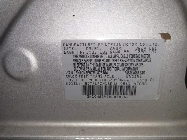 Продажа на аукционе авто 2021 Nissan Versa Sv Xtronic Cvt, vin: 3N1CN8EV7ML878764, номер лота: 44857566