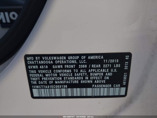 44857577 :رقم المزاد ، 1VWCT7A31EC053136 vin ، 2014 Volkswagen Passat 1.8t Sel Premium مزاد بيع