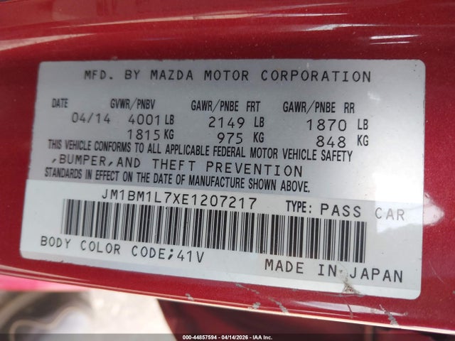 2014 Mazda Mazda3 I Touring მანქანა იყიდება აუქციონზე, vin: JM1BM1L7XE1207217, აუქციონის ნომერი: 44857594