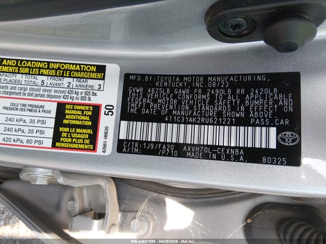Продажа на аукционе авто 2024 Toyota Camry Hybrid Le, vin: 4T1C31AK2RU621221, номер лота: 44857599