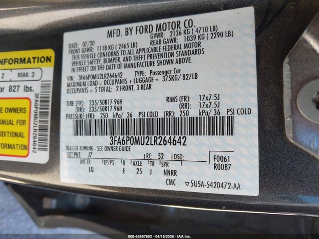 Aukcja sprzedaży 2020 Ford Fusion Hybrid Sel, vin: 3FA6P0MU2LR264642, numer aukcji: 44857602