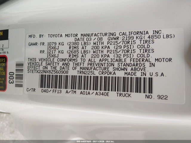 Aukcja sprzedaży 2008 Toyota Tacoma, vin: 5TETX22NX8Z560908, numer aukcji: 44857605