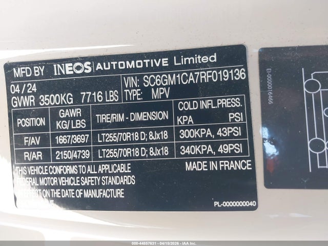 Aukcja sprzedaży 2024 Ineos Grenadier Fieldmaster Edition/trialmaster Edition, vin: SC6GM1CA7RF019136, numer aukcji: 44857631