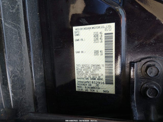 2012 Nissan Maxima 3.5 S მანქანა იყიდება აუქციონზე, vin: 1N4AA5AP9CC852916, აუქციონის ნომერი: 44857633