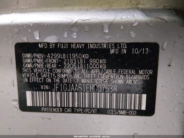 44857639 :رقم المزاد ، JF1GJAA61EH007638 vin ، 2014 Subaru Impreza 2.0i مزاد بيع