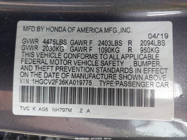 44857657 :رقم المزاد ، 1HGCV2F36KA019775 vin ، 2019 Honda Accord Sport 2.0t مزاد بيع